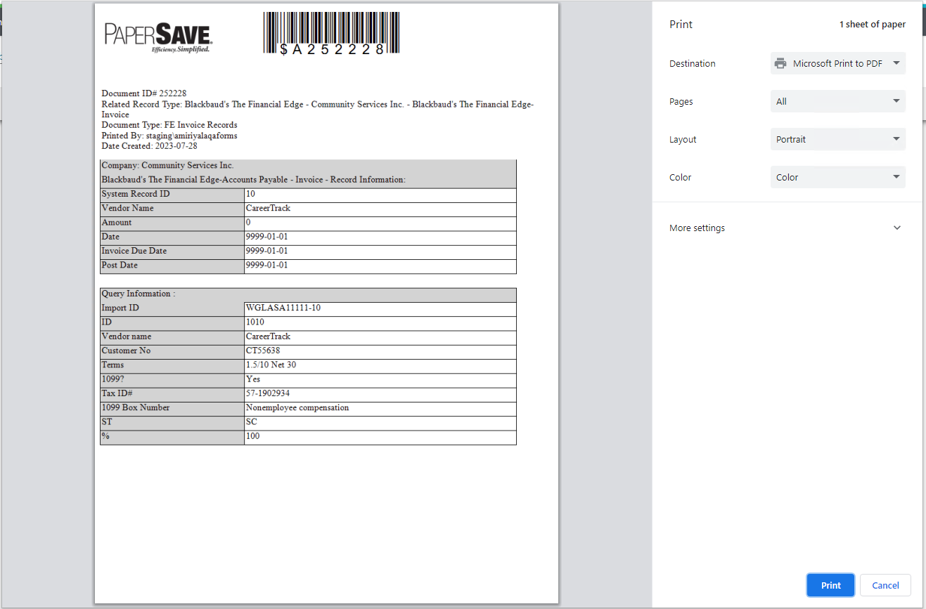 Print single barcode coversheet